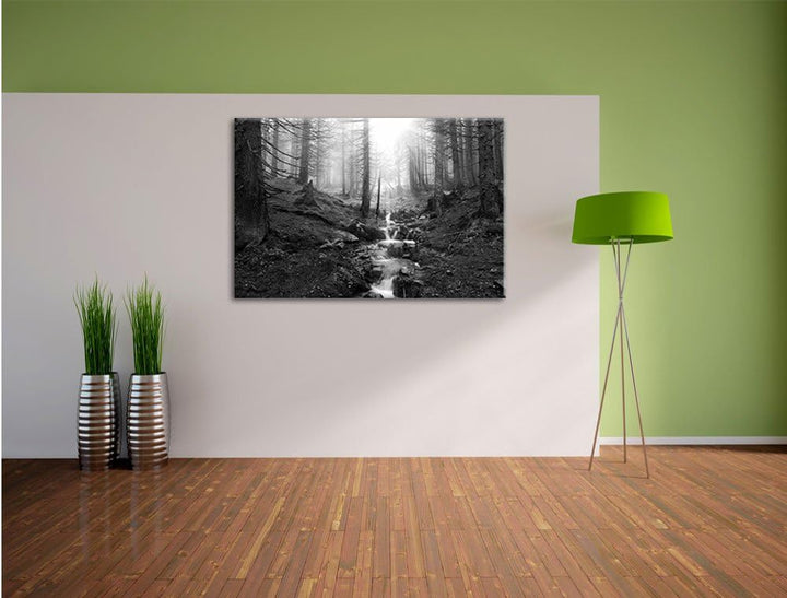 Bach im Wald Kunst B&W, Format: 100x70 auf Leinwand, XXL riesige Bilder fertig gerahmt mit Keilrahme