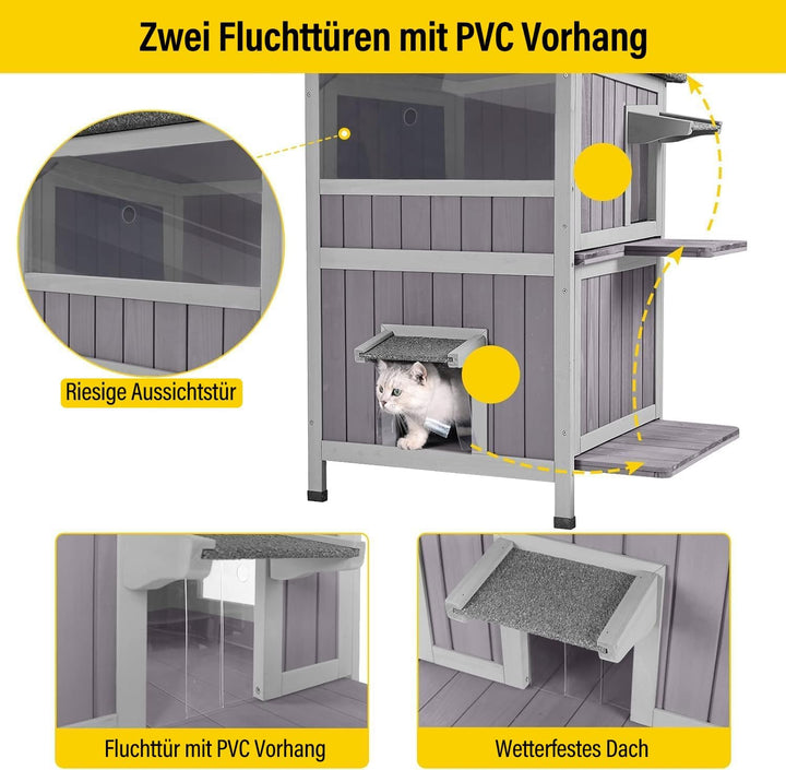 2-stöckiges Outdoor-Katzenhaus aus Holz für den Innenbereich mit Fluchttür L-2 Stöckiges Type-3, L-2