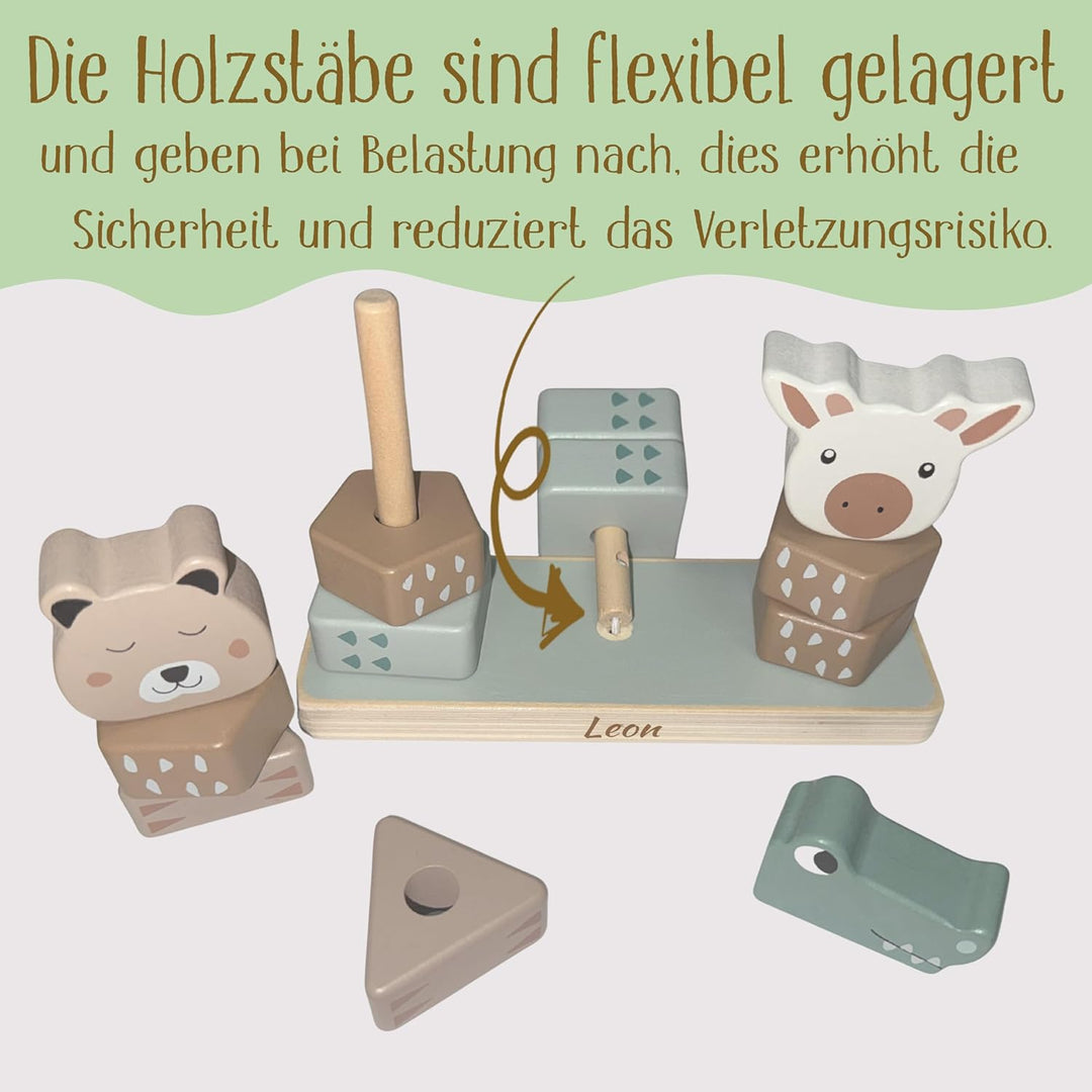 Stapelturm personalisiert mit Name – Jollein FSC Holz Baby Stapelspielzeug mit 3 Tierköpfen – Gesche