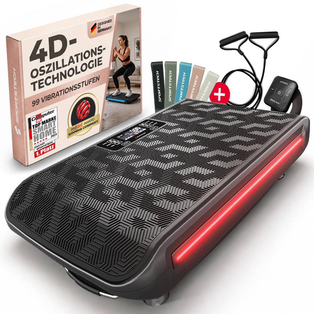 Sportstech 4D Vibrationsplatte für Zuhause, VP400 und sVibe, Smart LED, Trainingsbänder und Ropes, A