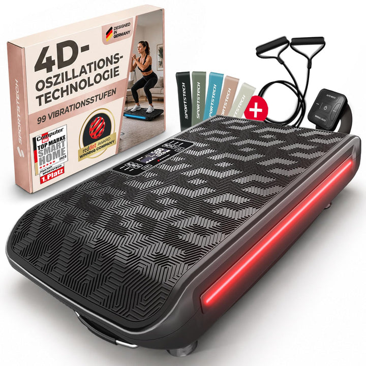 Sportstech 4D Vibrationsplatte für Zuhause, VP400 und sVibe, Smart LED, Trainingsbänder und Ropes, A