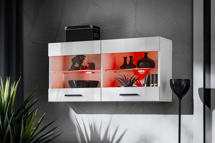 Vitrine Schrank Savona, Weiss/Weiss, Breite 100cm x Höhe 50cm x Tiefe 30cm, LED RGB, 2 Glasböden, 2