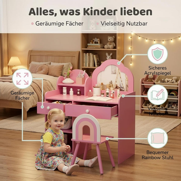 Clevich Schminktisch Kinder Set, 2 in 1 Kinderschminktisch mit Spiegel, 2 Schubladen, Schliessfächer