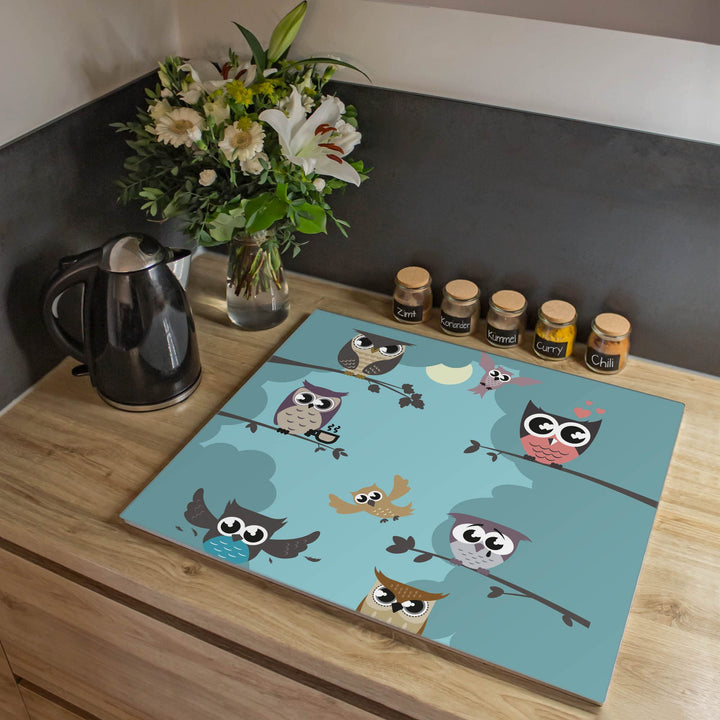 banjado® Herdabdeckplatte Glas 1-teilig 60x52 cm/Schneidebrett Herdabdeckung mit Motiv Acht Eulen/He