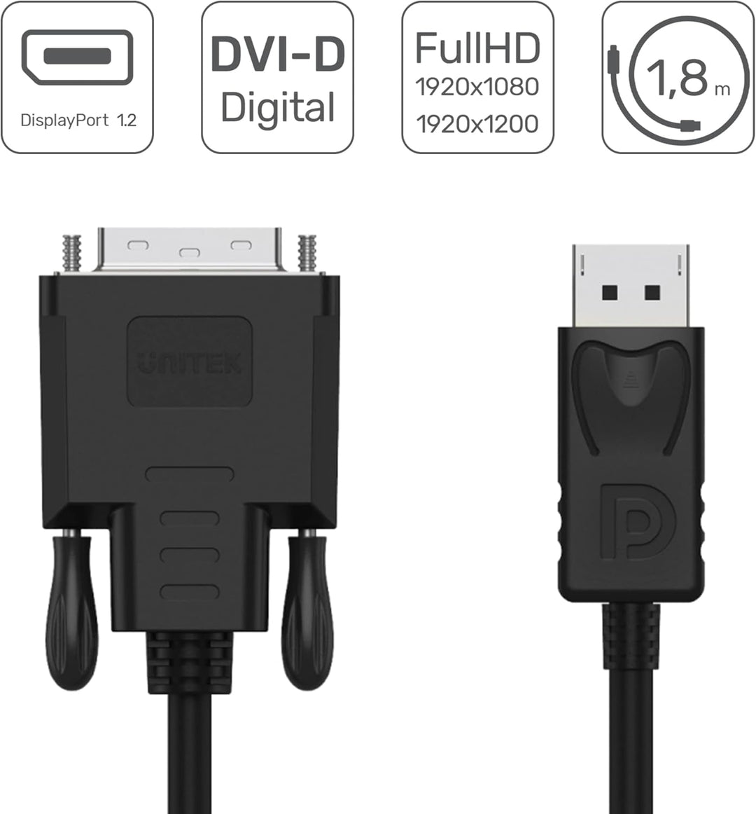 UNITEK DisplayPort auf DVI Kabel, Signalwandler, Konverter I 180cm I Auflösungen von bis zu 1920x120