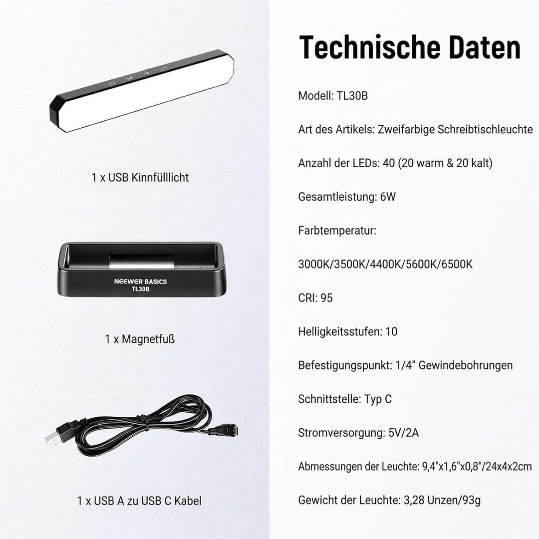 NEEWER Basics LED Kinn Fotolicht CRI95, 6W, zweifarbig, tragbares Tisch Selfie Licht, USB betrieben,