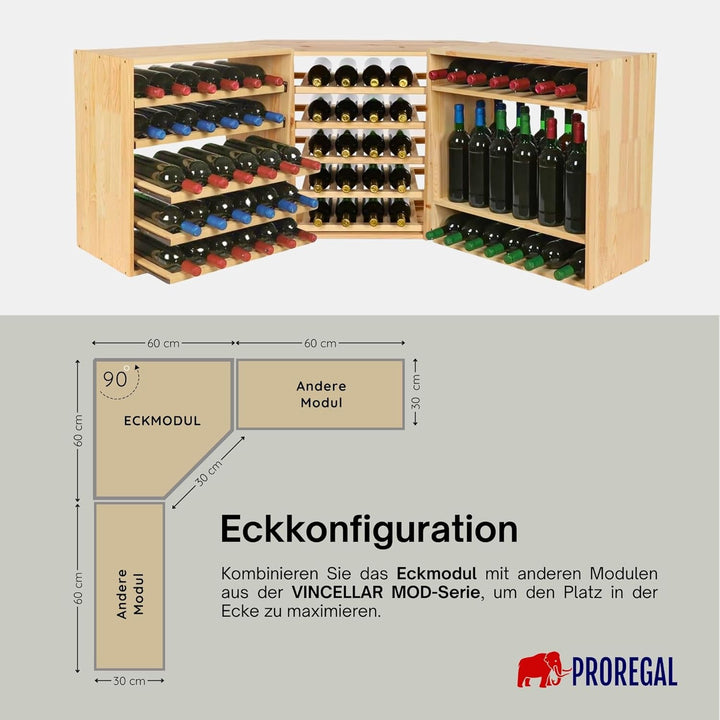 PROREGAL Modulares Weinregal VINCELLAR MOD | HxBxT 60x30x30cm | Eckmodul für 18 Flaschen | Massives