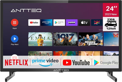 Antteq AG24N1C Android Fernseher 24 Zoll (61cm) Smart TV mit 12 Volt KFZ-Adapter, Hey Google, Chrome