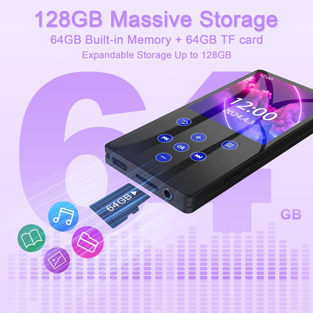 128GB MP3 Player mit Bluetooth MP3-Player mit Eingebauter HD Lautsprecher 450mAh Akku HiFi Sound Fun