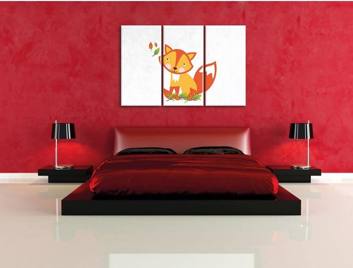 Pixxprint Niedlicher Fuchs in Laub Haufen als Leinwandbild/Grösse: 3 Teilig (120x80) cm/Wandbild/Kun