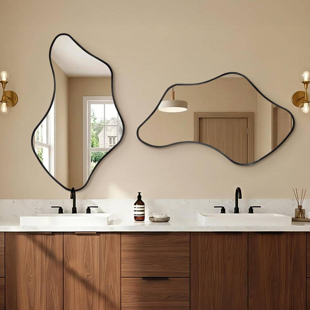 Unregelmässiger Wavy Wandspiegel mit Metallrahmen &amp; Gehärtetem Sicherheitsglas für Badezimmer, Schla