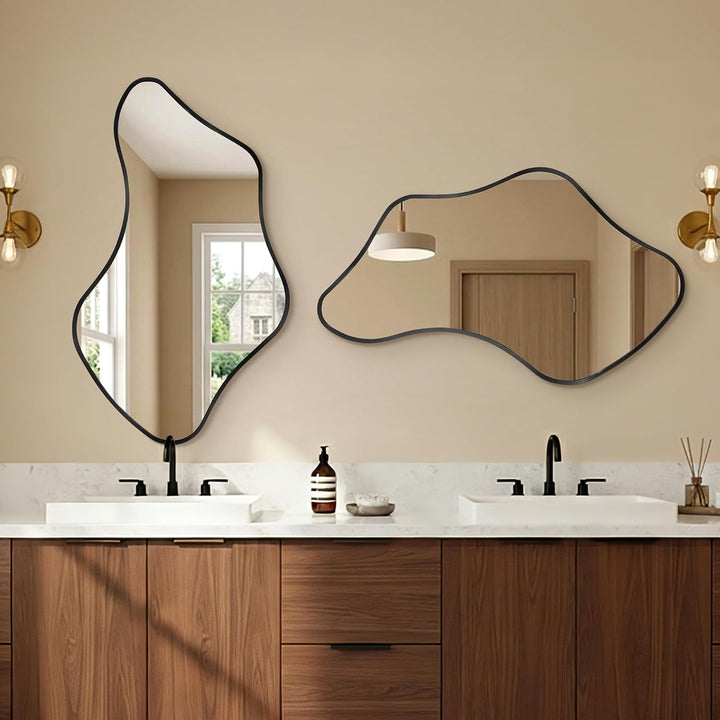 Unregelmässiger Wavy Wandspiegel mit Metallrahmen &amp; Gehärtetem Sicherheitsglas für Badezimmer, Schla