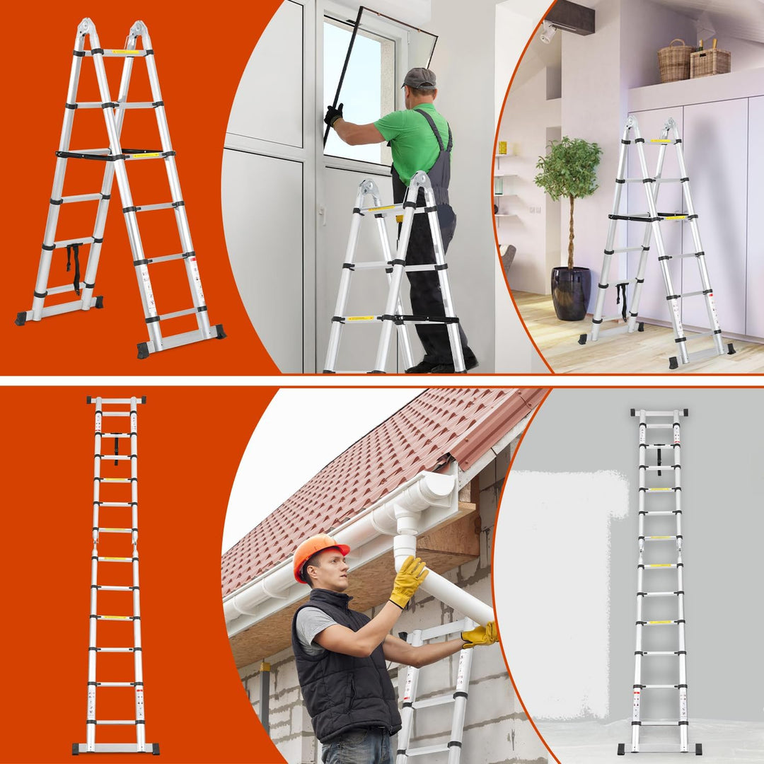 Cecaylie Teleskopleiter Klappleiter Aluminium, 3.8M(1.9M+1.9M) Ausziehbare Leiter mit Stabilisatoren