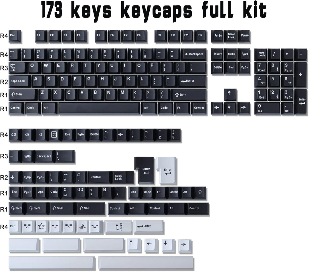 Hyekic Keycaps 173 Tasten Schwarze und Weisse Tastenkappen Double-Shot ABS Cherry Profil Custom Keyc