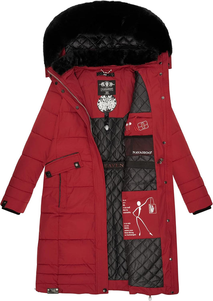 Navahoo Damen Wintermantel Warmer Steppmantel lang mit Abnehmbarer Kapuze Fahmiyaa XS-3XL XXL Dark R