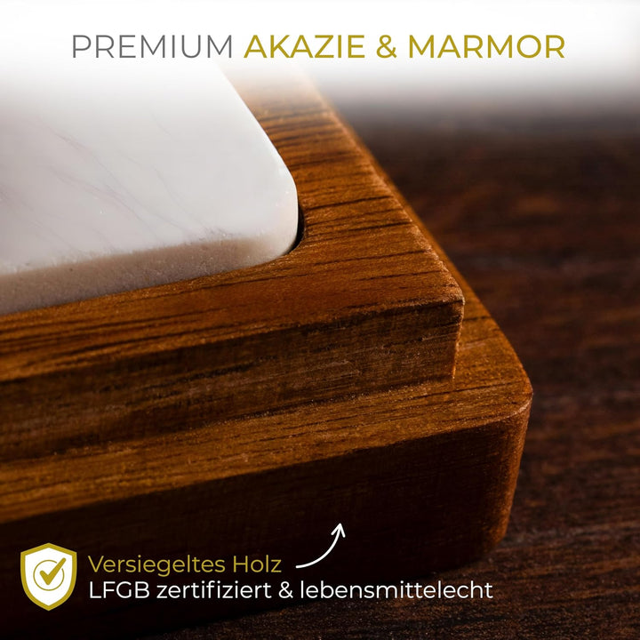 CALIDORO Butterdose Akazie mit Marmorplatte - Butterbox für streichzarte Butter (250g) - Holz Butter