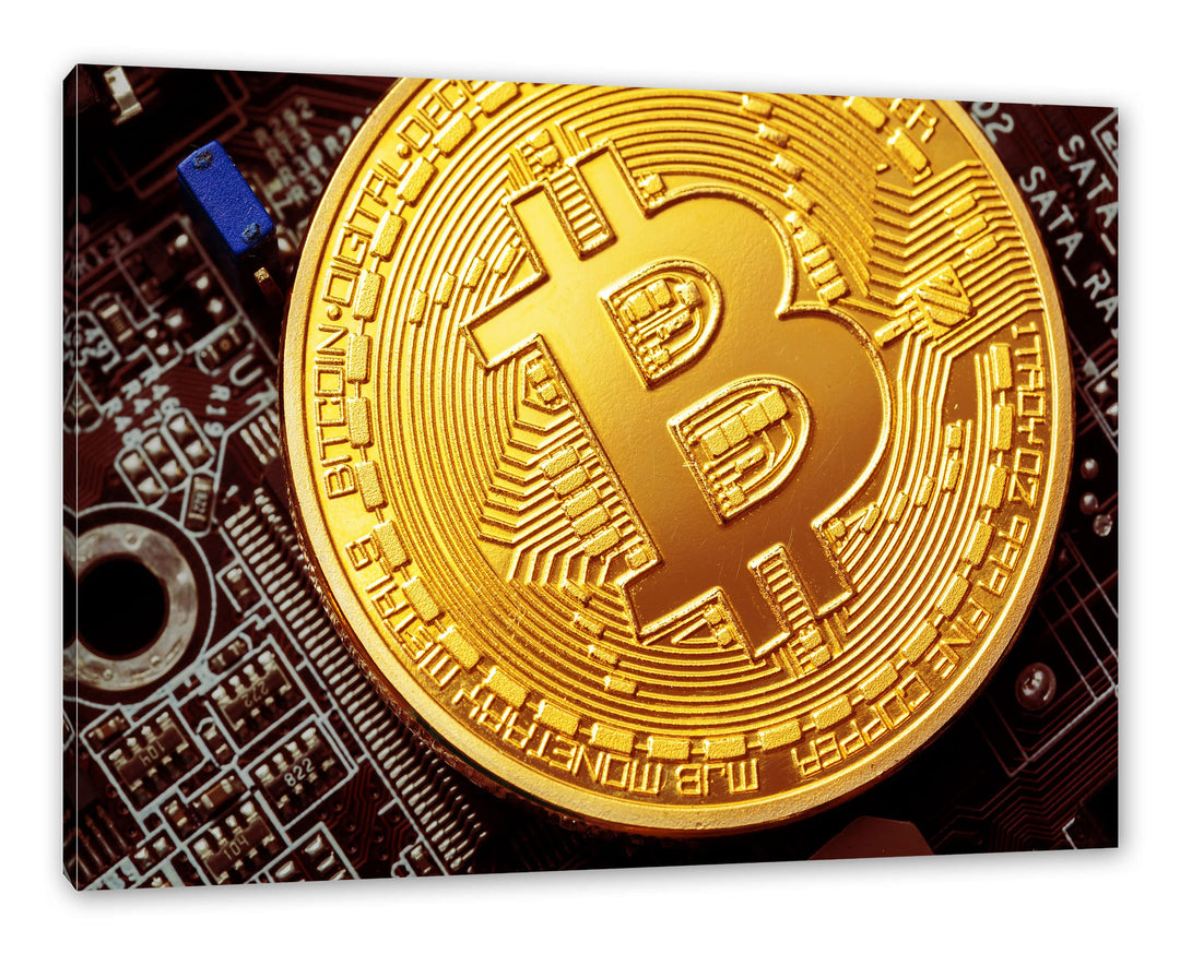 Pixxprint Bitcoin BTC auf Platine als Leinwandbild | Grösse: 120x80 cm | Wandbild | Kunstdruck | fer