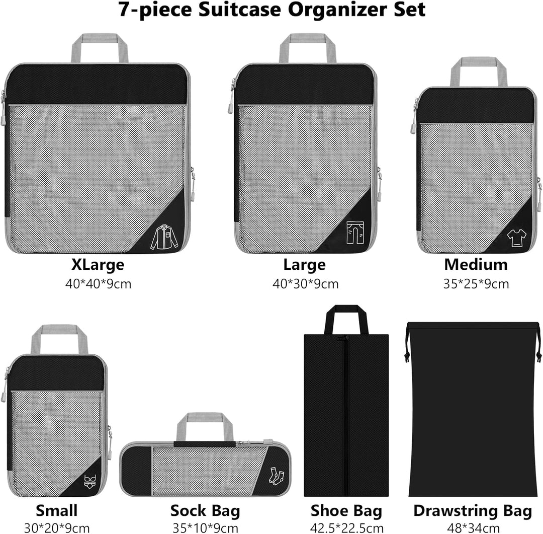 Koffer Organizer Set 7-teilig, Packtaschen mit Kompression, Compression Packing Cubes für Rucksack u
