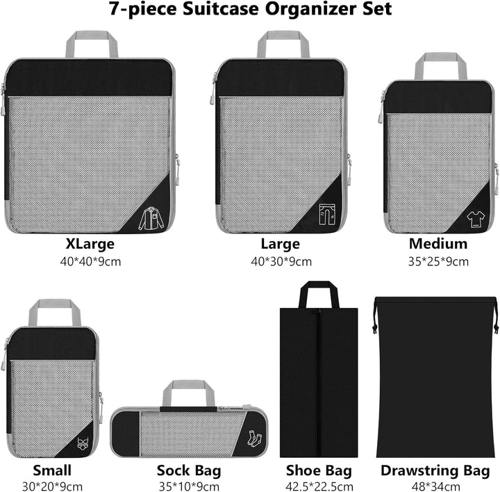 Koffer Organizer Set 7-teilig, Packtaschen mit Kompression, Compression Packing Cubes für Rucksack u
