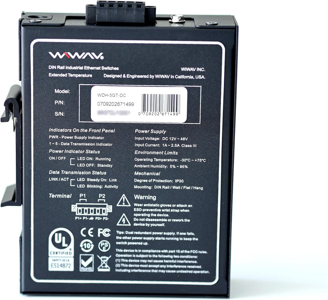 WIWAV WDH-5GT-DC 10/100/1000 Mbps Gigabit Unmanaged 5-Port Industrial Ethernet Switches mit DIN-Schi