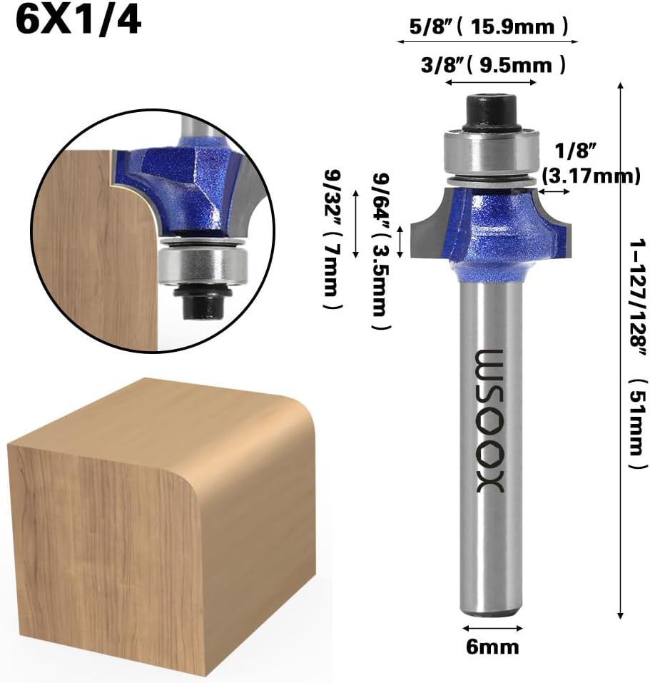 WSOOX 4 Stück Abrundfräser Standard Fräser Set für Holz mit 6mm Schaft, Fräser für Oberfräse Set