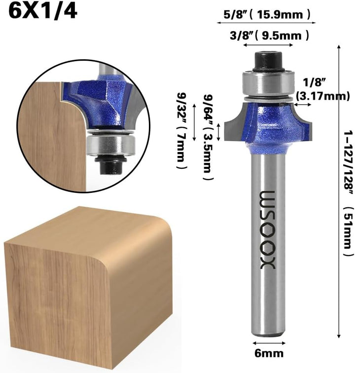 WSOOX 4 Stück Abrundfräser Standard Fräser Set für Holz mit 6mm Schaft, Fräser für Oberfräse Set
