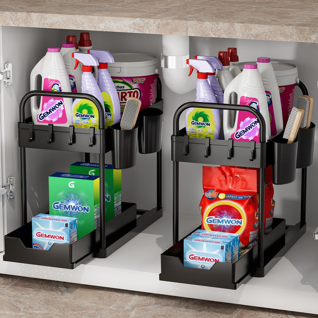 GEMWON Küchen Organizer, 2 Etagen Unter Waschbecken Regal mit 4 Haken &2 Tassen, Spülschrank Organiz