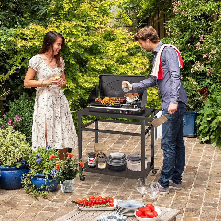 COSTWAY Grillwagen Grilltisch Outdoor, Pizzatisch mit 2 Ablagen & 4 Rollen & Haken, Grill Beistellti
