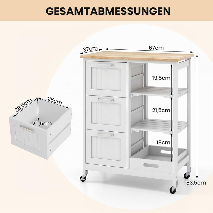 COSTWAY Küchenwagen mit Tablett, 2 Ebenen Lagerregal und 3 grossen Schubladen, Küchenschrank rollbar