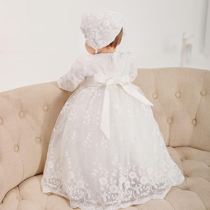 Leideur Baby Mädchen Taufe Kleid Lange Segenskleider Weiss Formale Brautkleider für Neugeborene 6-9