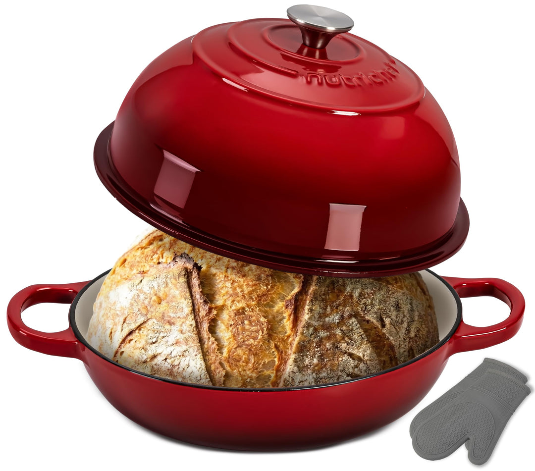 NutriChef Gusseisentopf zum Brotbacken 26 cm Dutch Oven Emailliert Rot – Mit Deckel und Griffen – In