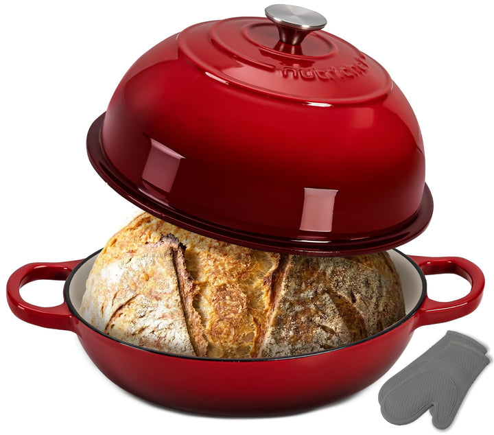 NutriChef Gusseisentopf zum Brotbacken 26 cm Dutch Oven Emailliert Rot – Mit Deckel und Griffen – In