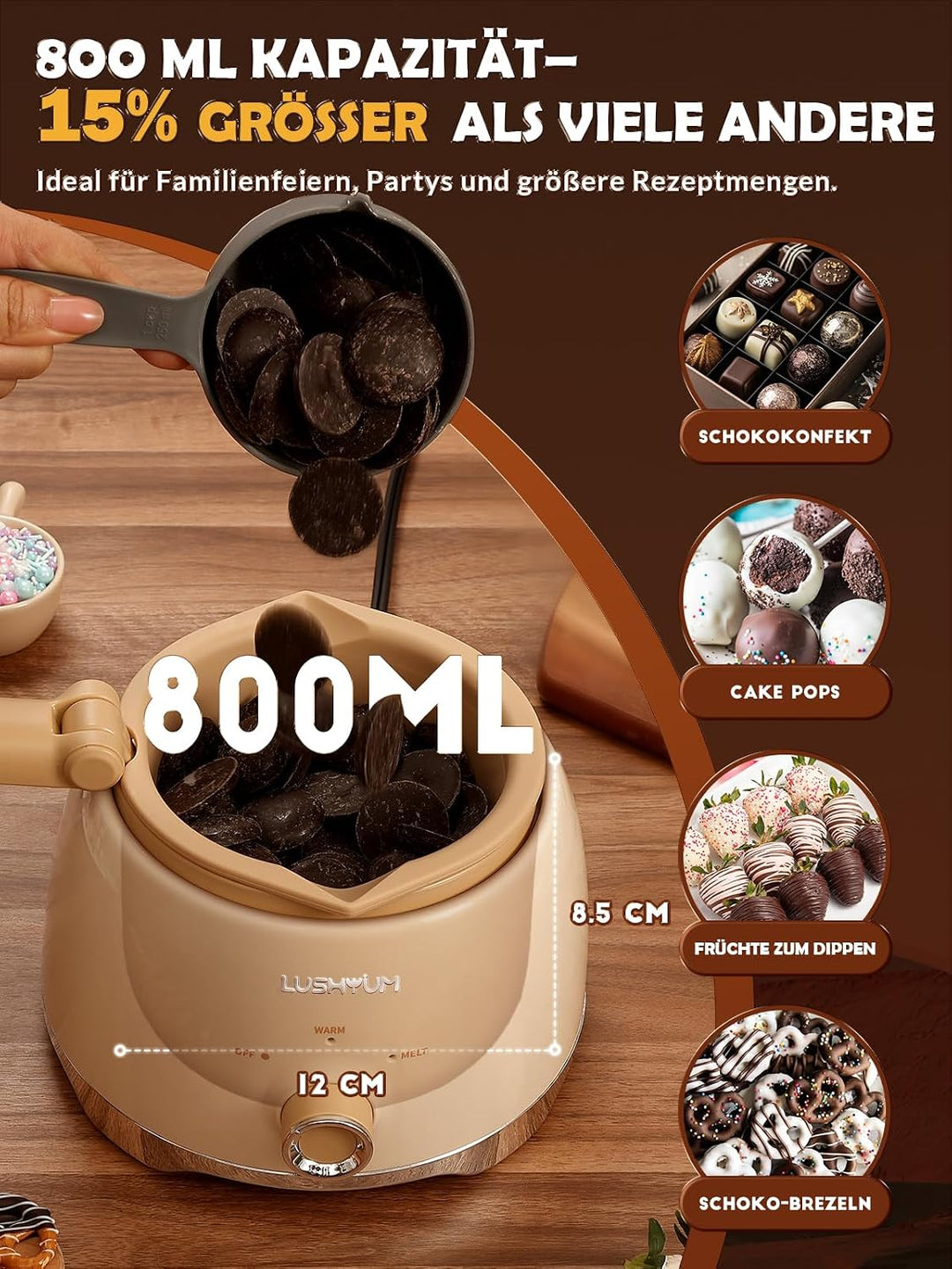 LUSHYUM Schokoladenschmelztopf Candy Melts Schmelzgerät mit 2 Einsatztöpfen, 4 Tassen Kapazität Wärm