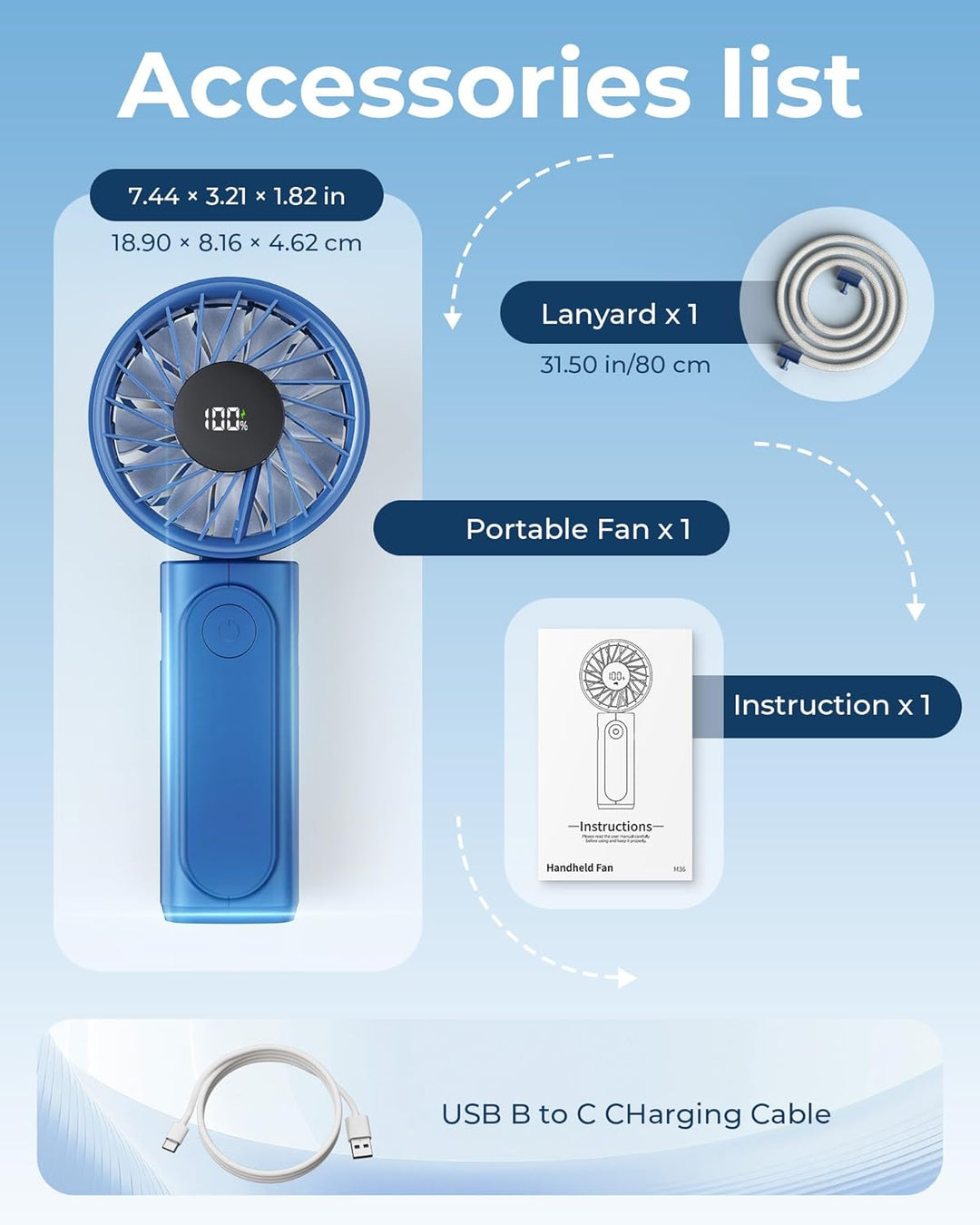 Peiyuu Handventilator, Tragbarer Mini Ventilator mit 4000 mAh, LED-Display Handventilator mit 6 Gesc