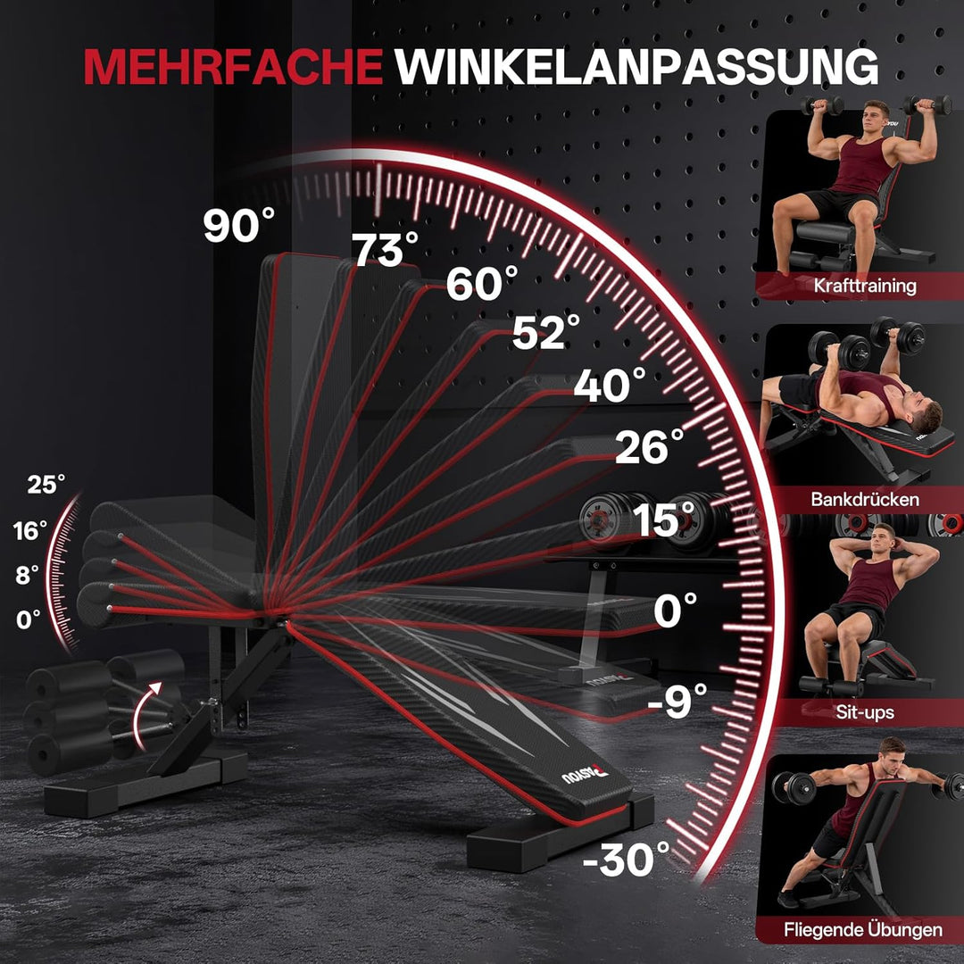 PASYOU Hantelbank Klappbar mit Rückenlehne 300kg Belastbarkeit, Verstellbar Multifunktions Trainings