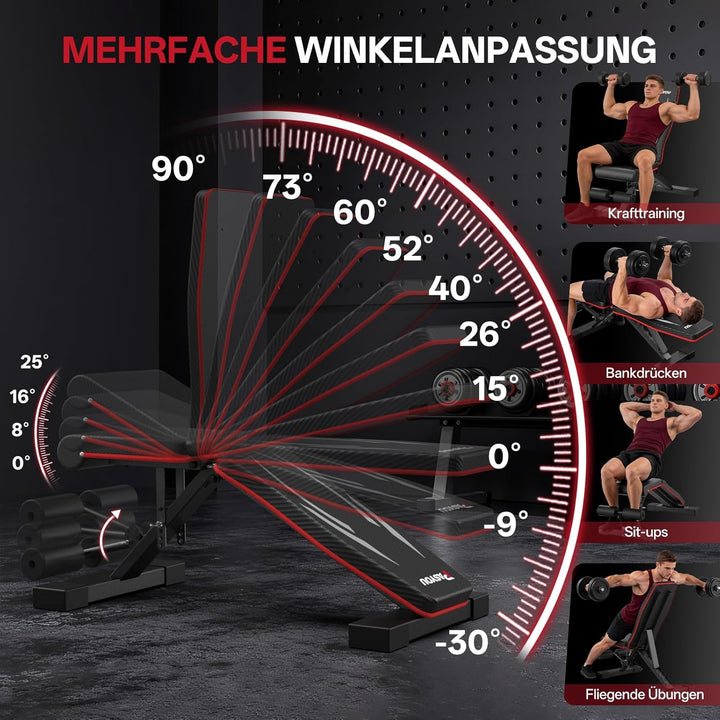 PASYOU Hantelbank Klappbar mit Rückenlehne 300kg Belastbarkeit, Verstellbar Multifunktions Trainings
