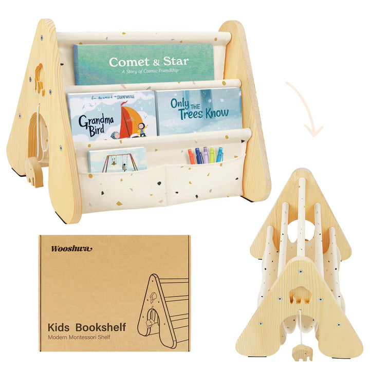 Bücherregal Kinder mit Doppelter Seite, Dreieckige Kinderregal 4-stöckig Montessori Regal für Kinder