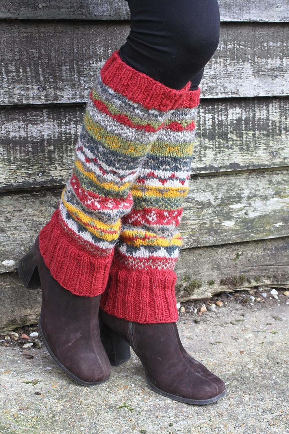 Legwarmer für Damen, 100 % Wolle, handgestrickt, Fair-Isle-Muster, rostfarben, mehrfarbig, normale P
