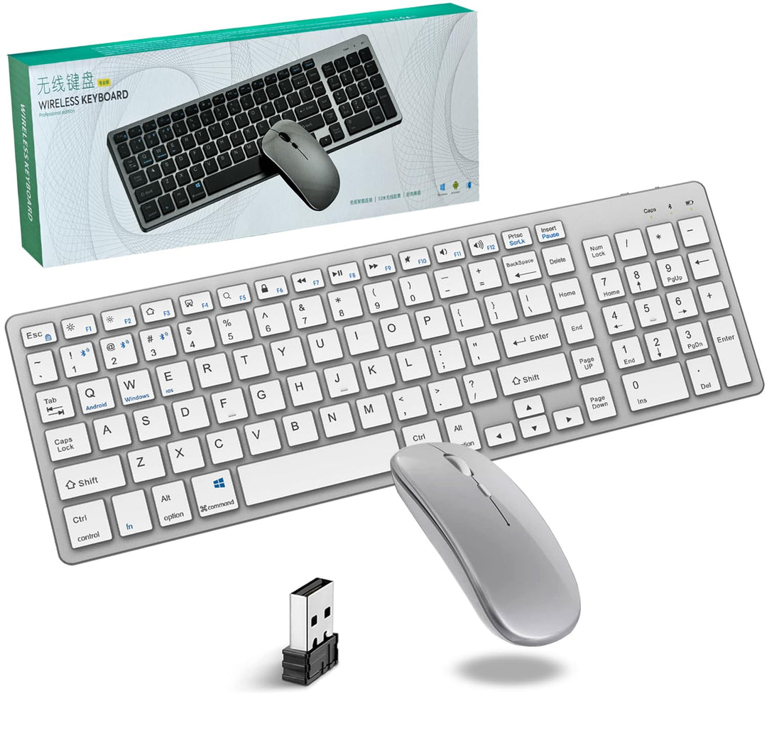 Tastatur Maus Set,Bluetooth5.0/3.0+2,4 GHz USB Dualmodus Leise Kabelloses Slim Wiederaufladbare Funk