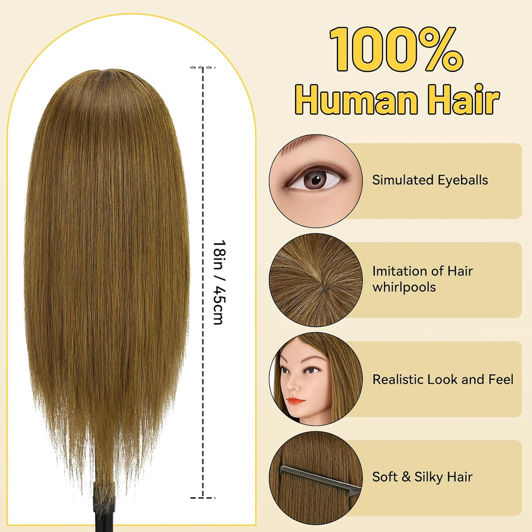 Yofuly 18 inch Trainingsköpfe für Friseure Übungskopf, 100% Echthaar Kosmetik Schaufensterpuppenkopf