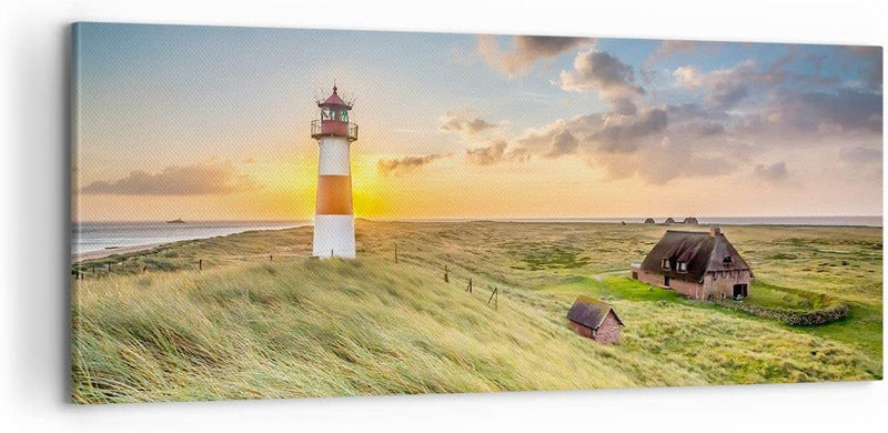 Panorama Bilder auf Leinwand 100x40cm Leinwandbild mit Rahmen Leuchtturm Meer Gross Wanddeko Bild Sc