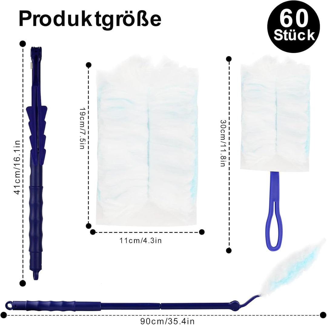 60 Stück Staubmagnet Staubwedel mit 1 Griff, 1 Teleskopstange, Staubwedel-Set aus Mikrofaser, Reinig