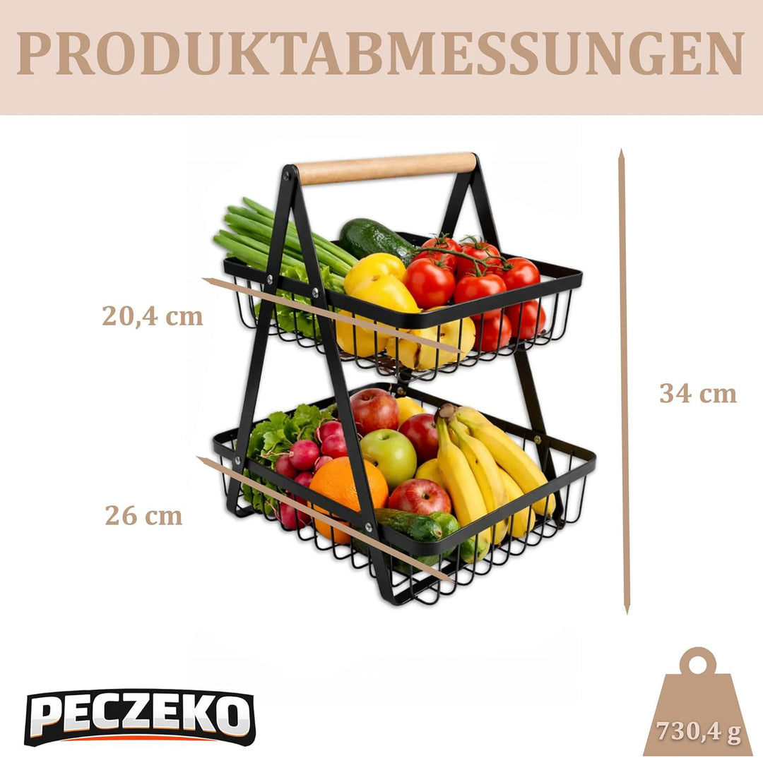 Zweistöckiger Obstkorb mit 2 Ebenen – Platzsparende Obstschale & Obsetagere aus Metall mit Holzgriff