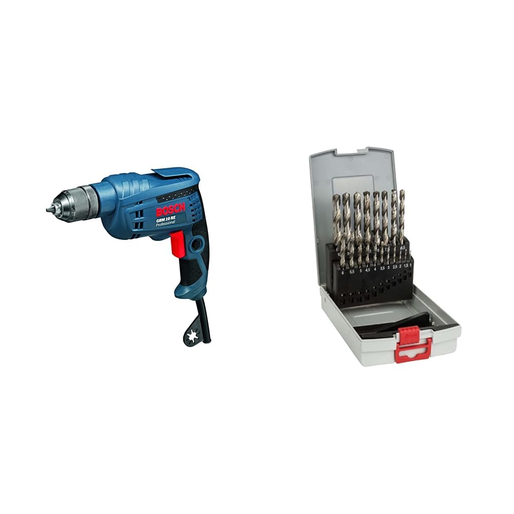 Bosch Professional Bohrmaschine GBM 10 RE (600 Watt, 1-10 mm Schnellspannborhfutter, im Karton) + 19