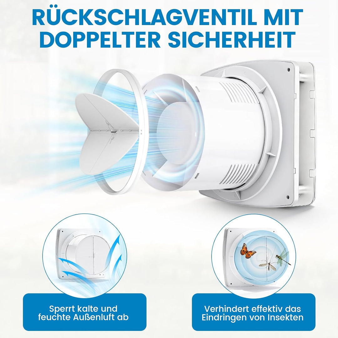 XIIW Badlüfter Ø100mm Weiss Abluftventilator mit Nachlauf und Rückstauklappe 95m³/h, 12 Watt / 34dB