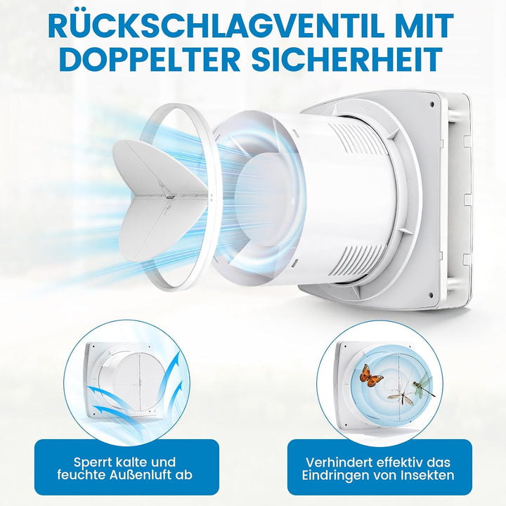 XIIW Badlüfter Ø100mm Weiss Abluftventilator mit Nachlauf und Rückstauklappe 95m³/h, 12 Watt / 34dB