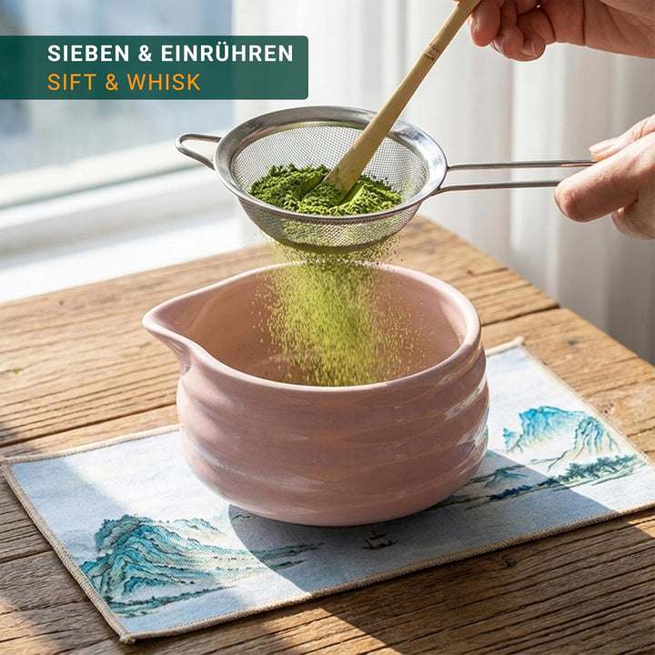 Matchaya Matcha Set 7-teilig Rosa – Keramik Chawan 460ml, Bambus Chasen & Halter, Chashaku, Ablage,