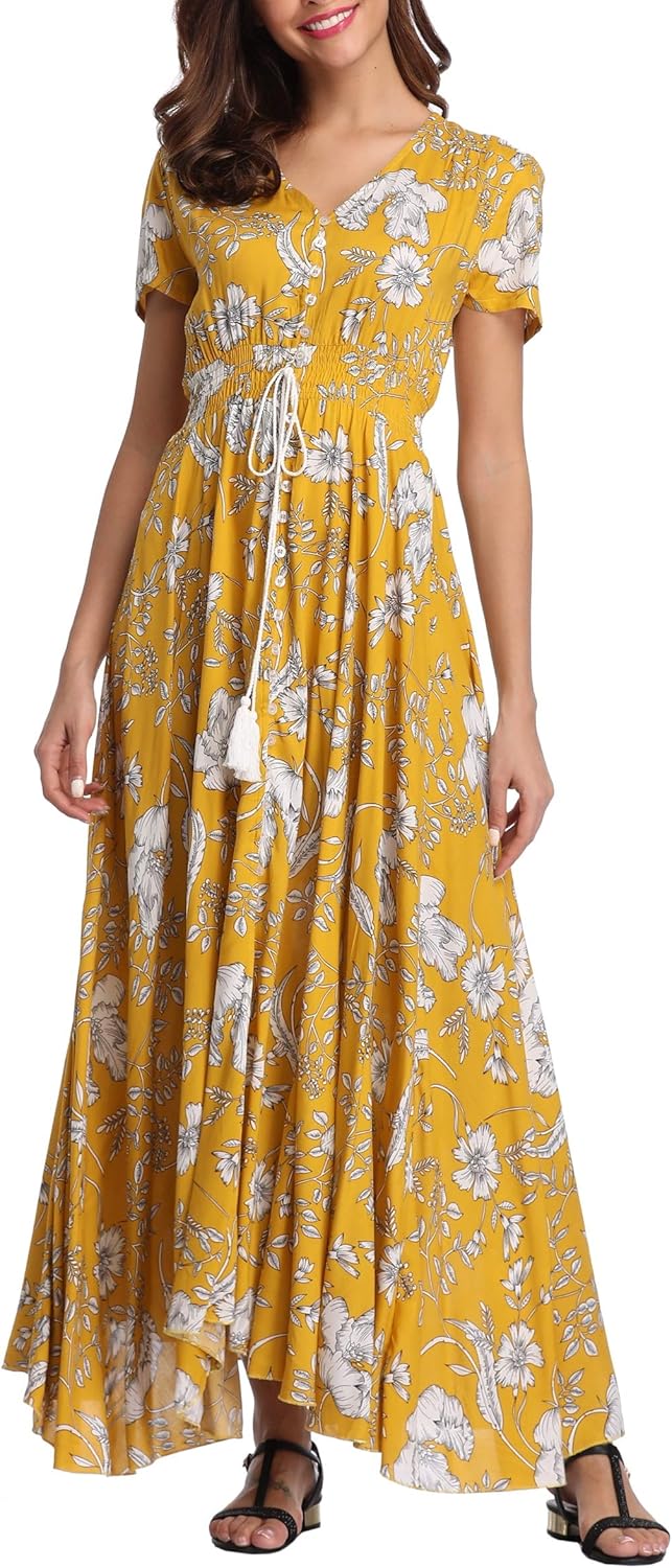 VOGMATE Damen Lange Split Knopf Up Sommer Maxikleid Floral Strandwear Holidy Kleid Hohe Taille mit k
