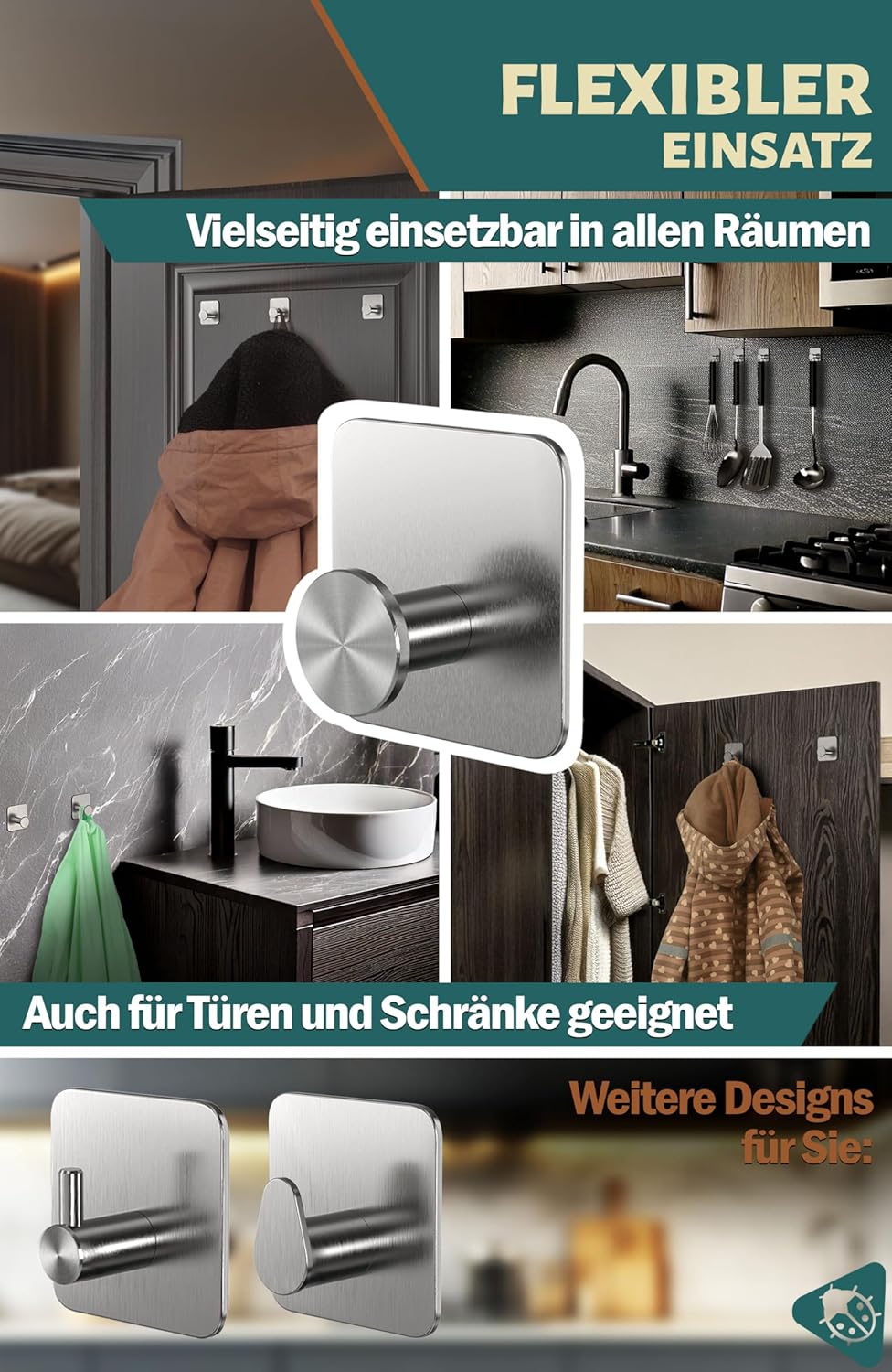 Menz Klebehaken ohne Bohren MZ - 6 STÜCK Edelstahl Silber 6 Stück, Silber 6 Stück