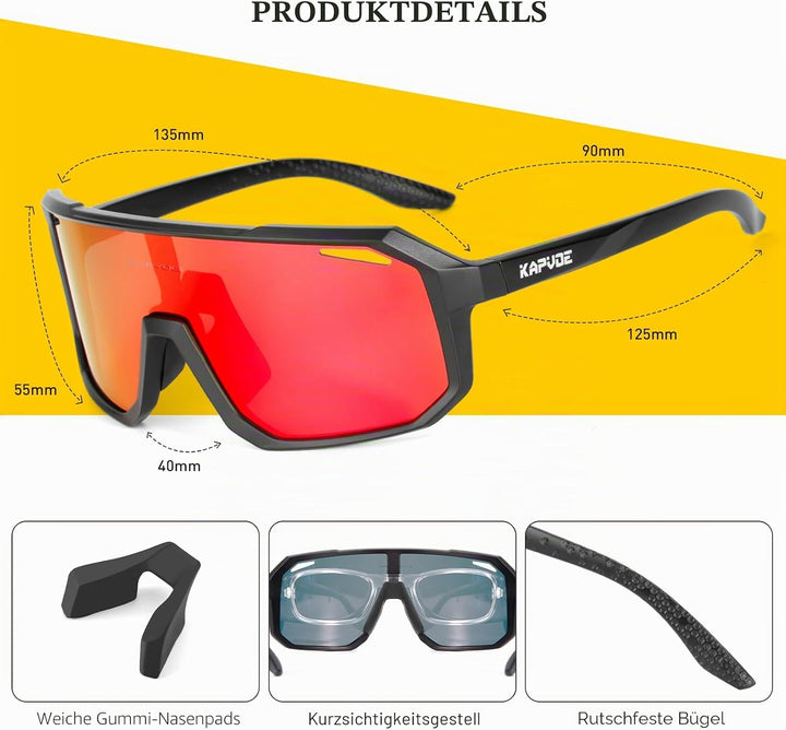 KAPVOE Fahrradbrille Polarisiert Herren Damen Sonnenbrille UV400 Schutz TR90 Rahmen Sportbrille Radf